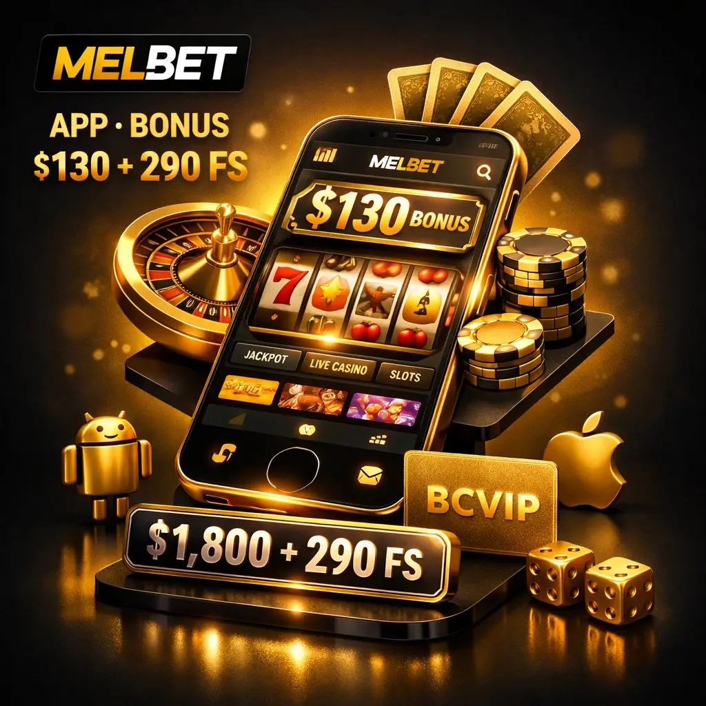 Melbet app golden smartphone casino interface floating bonus elements elegant dark background