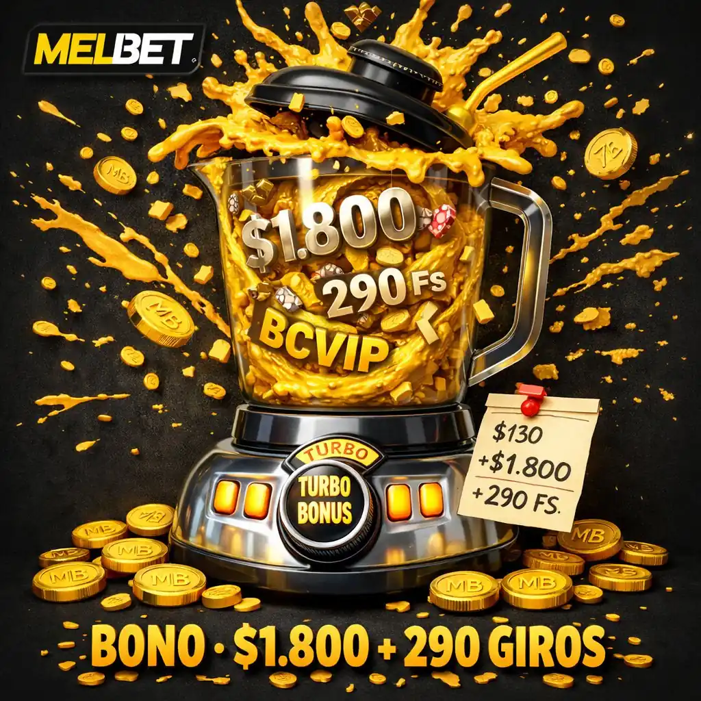 Melbet bono licuadora dorada gigante mezclando bonos ingredientes explosión fondo oscuro