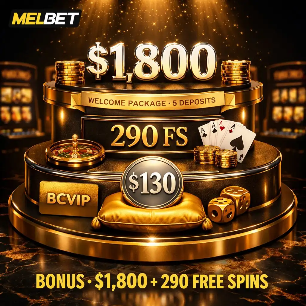 Melbet bonus golden tiered display stand casino chips bonus amounts elegant dark background