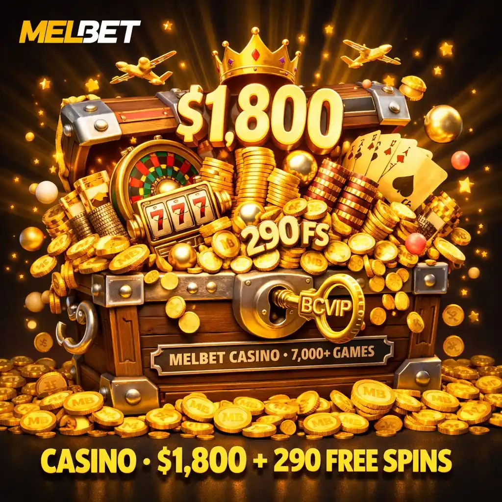 Melbet online casino giant golden treasure chest overflowing slots roulette bonus prizes dark background