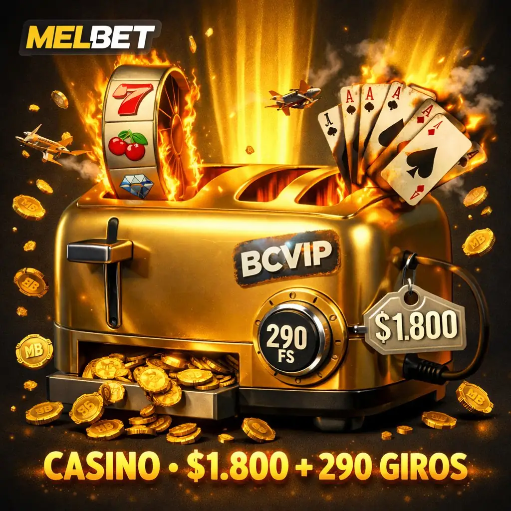 Melbet casino tostadora dorada gigante expulsando cartas tragamonedas fichas fondo oscuro