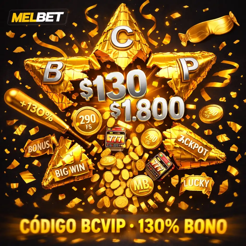 Melbet codigo BCVIP piñata dorada gigante explotando bonos confeti fondo oscuro