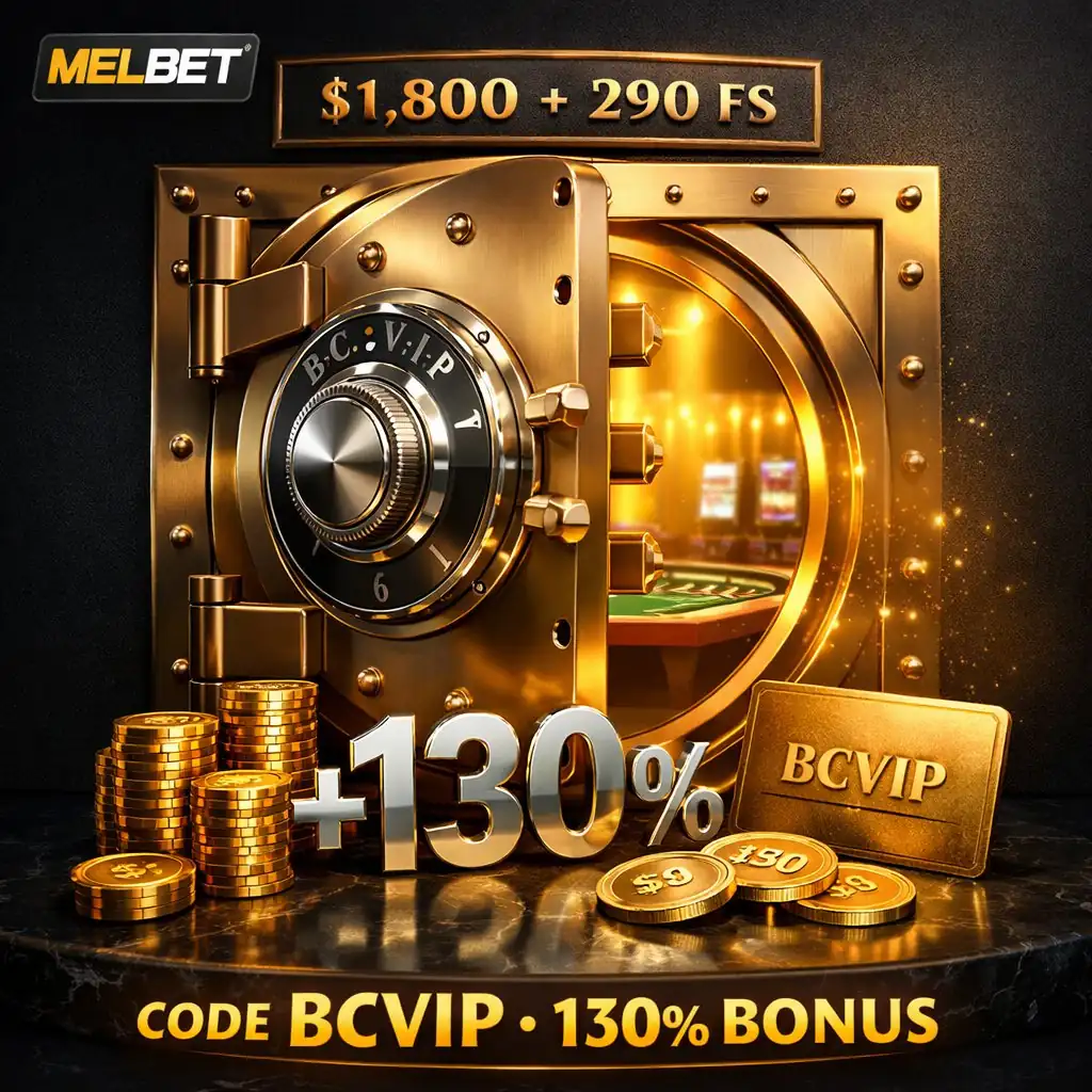 Melbet promo BCVIP golden vault door premium casino interior warm light dark background