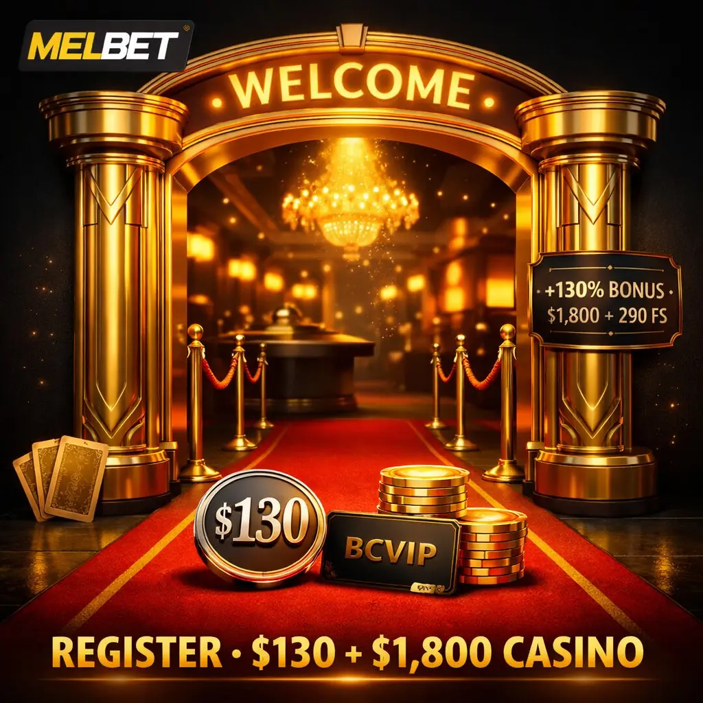 Melbet registration elegant golden casino entrance archway warm light red carpet dark background