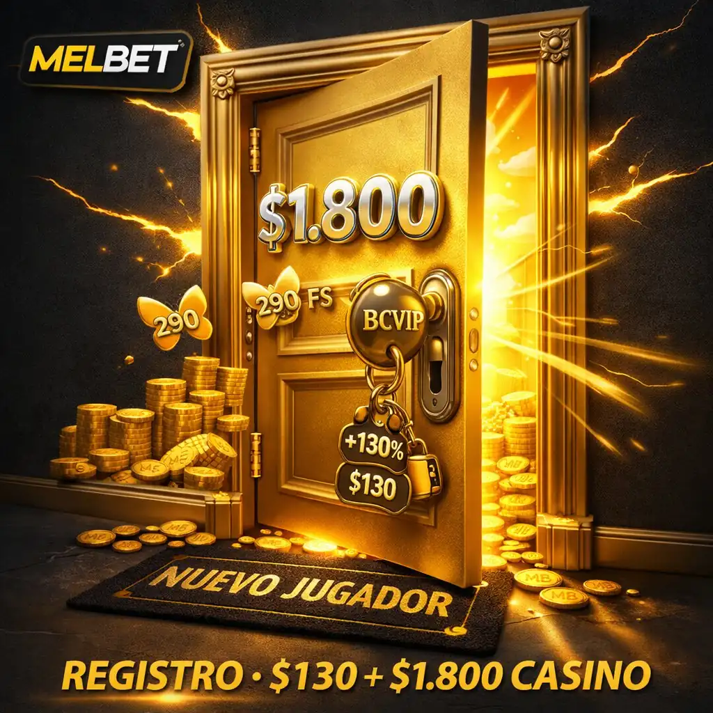 Melbet registro puerta dorada gigante otra dimensión bonos brillantes visible fondo oscuro