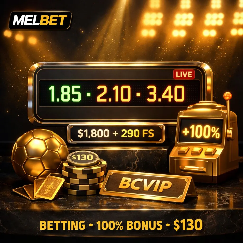 Melbet betting golden stadium scoreboard live odds casino chips bonus elegant dark background