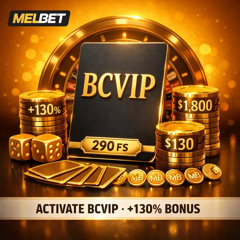 Melbet promo golden BCVIP card elegant casino chips bonus amounts amber background