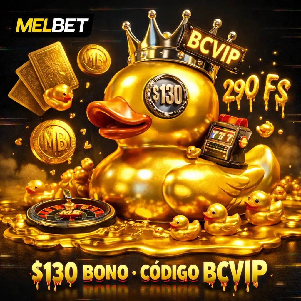 Melbet bono pato dorado gigante corona chips flotando caos fondo oscuro