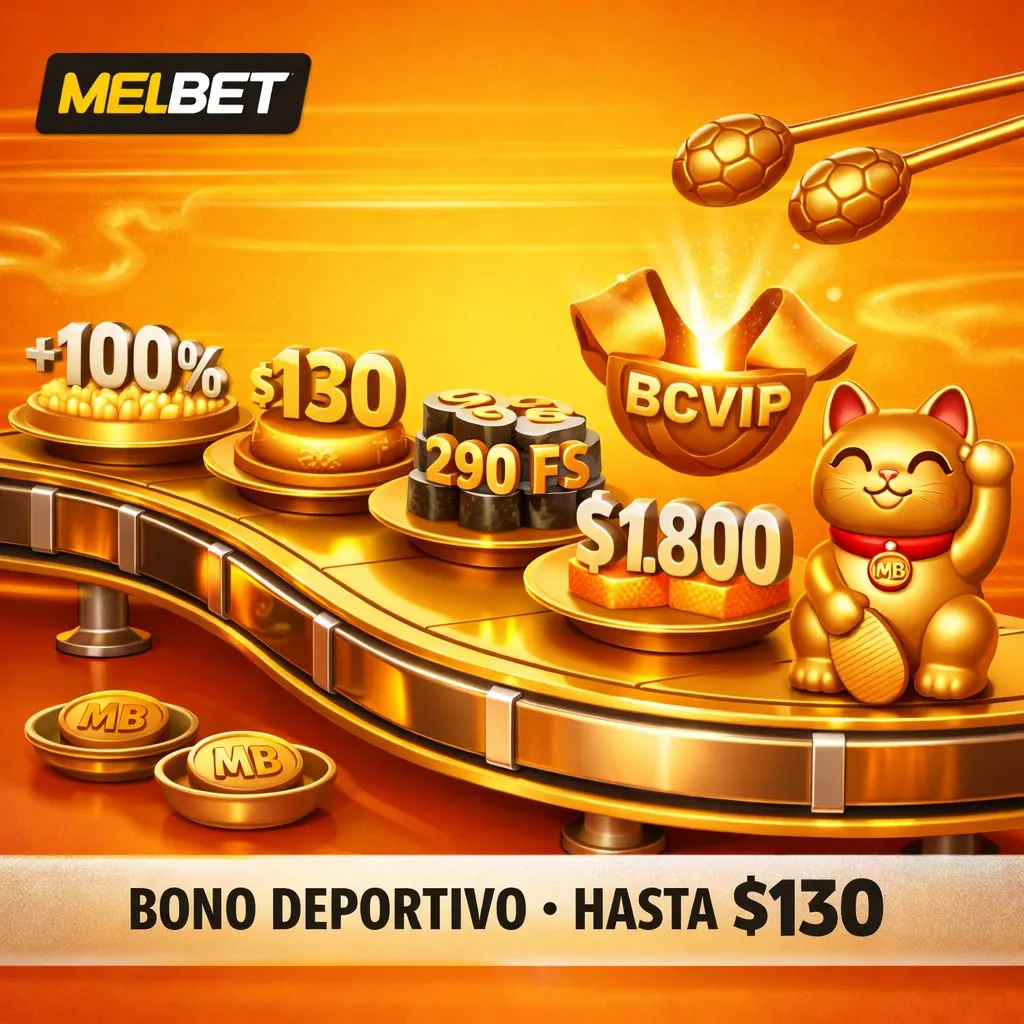 Melbet bono deportivo cinta transportadora sushi dorada sirviendo bonos platos fondo dorado