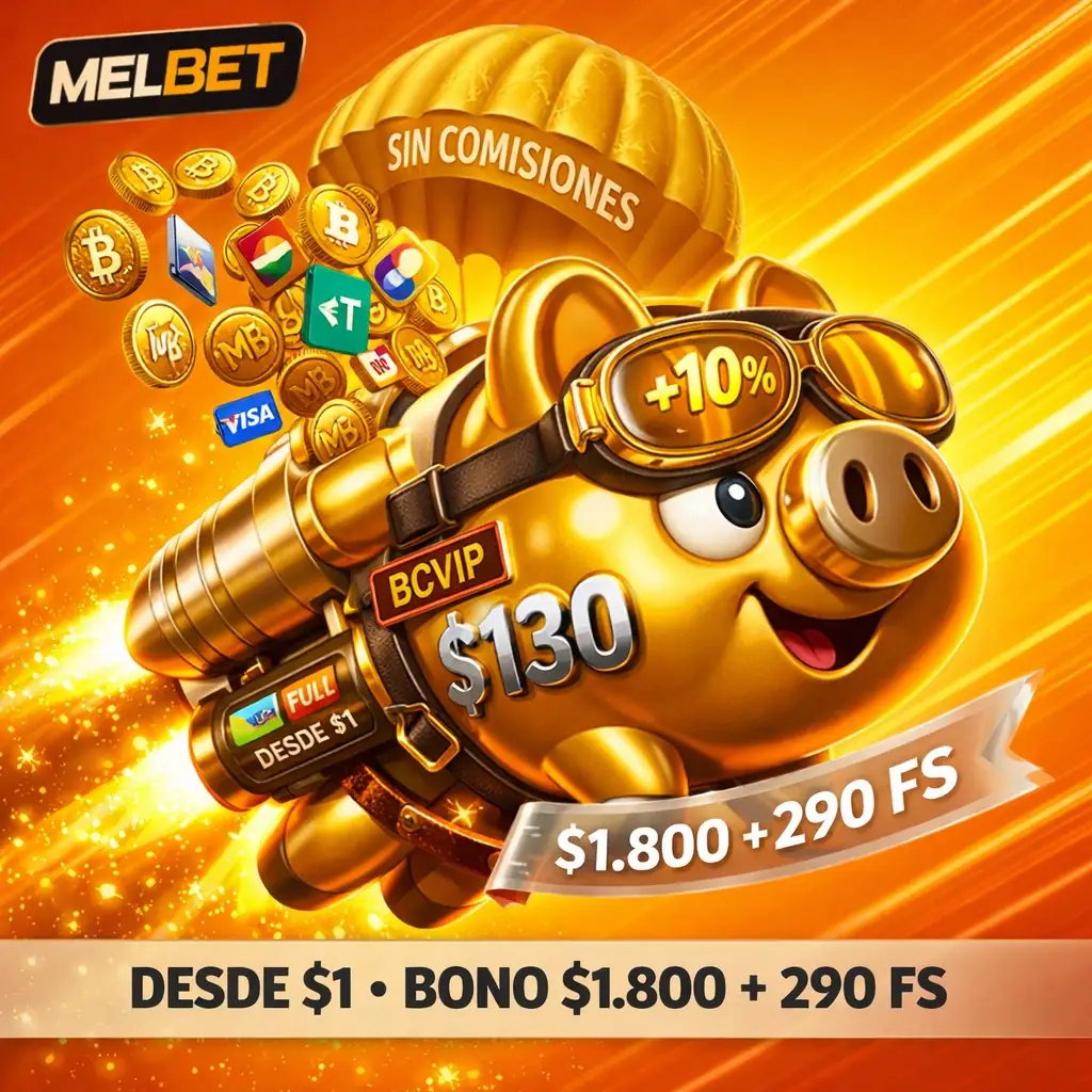 Melbet pagos alcancía dorada gigante jetpack volando monedas cayendo fondo dorado