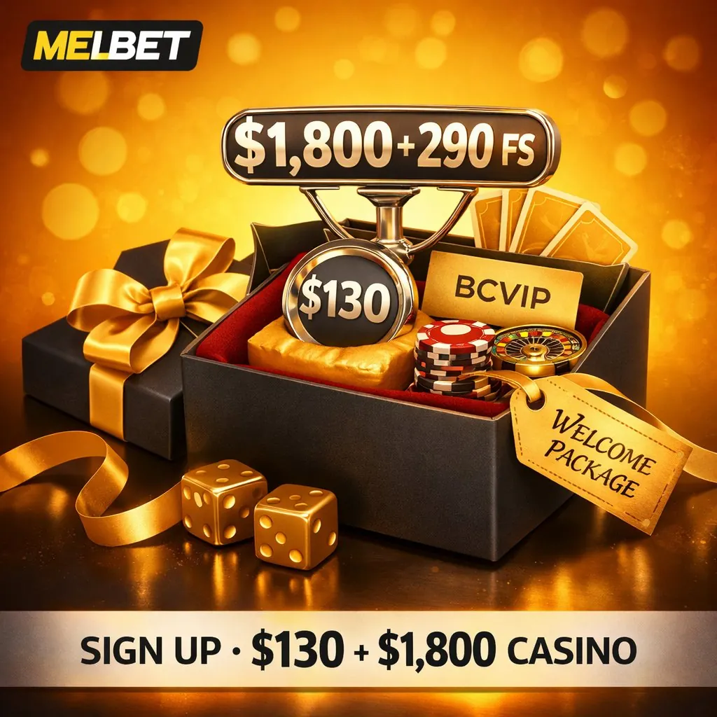 Melbet registration golden welcome gift box open casino chips bonus card elegant amber background