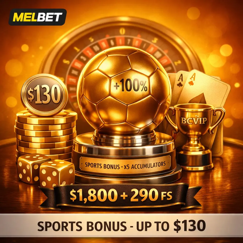 Melbet sports bonus golden football trophy casino chips $130 coin elegant amber background