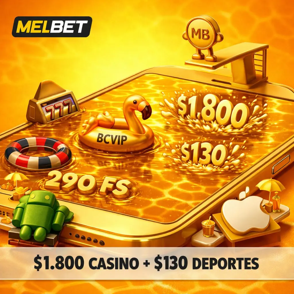 Melbet movil teléfono dorado piscina pantalla gente saltando chapuzón bonos fondo dorado