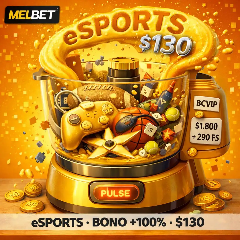 Melbet esports licuadora gaming dorada controles mezclándose con deportes fondo dorado