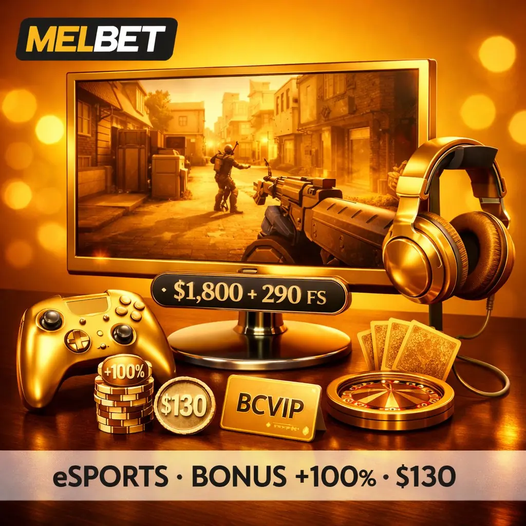 Melbet esports golden gaming setup monitor controller casino chips bonus elegant amber background